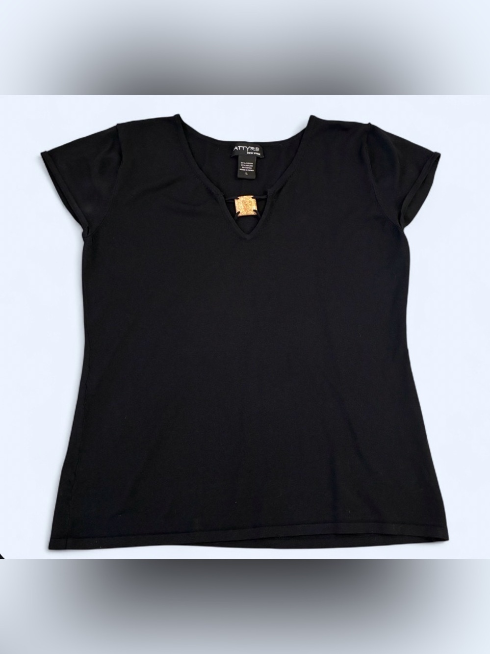Vintage Attyre black stretch blouse v neck cutout Classic minimalist neutral